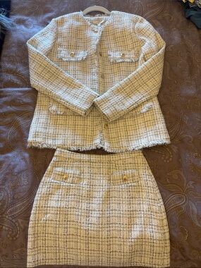Wayf Cream and Black Tweed Blazer & Skirt Set